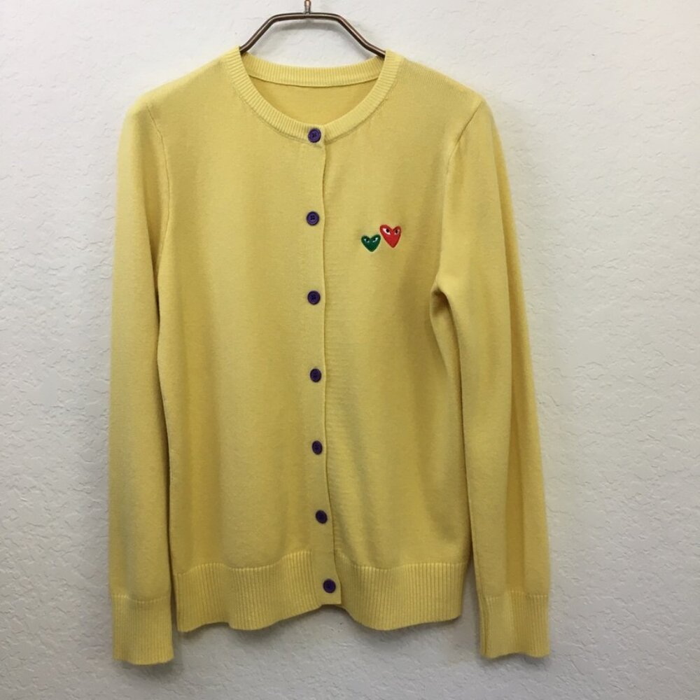 Designer Inspired Crew Neck Yellow Cardigan Heart Patches NEW! Womens M